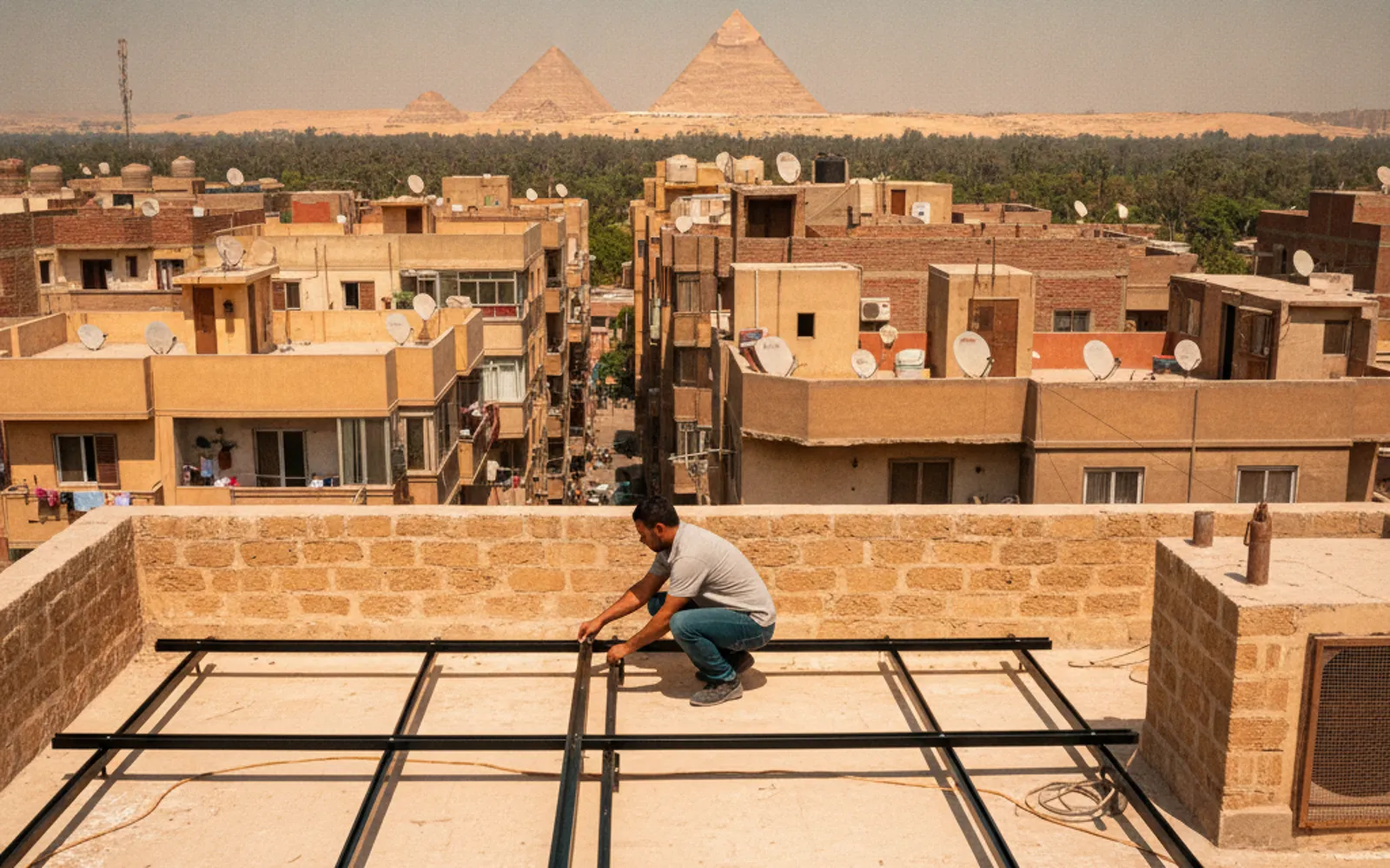 فني يثبت ألواحًا شمسية على سطح فيلا سكنية